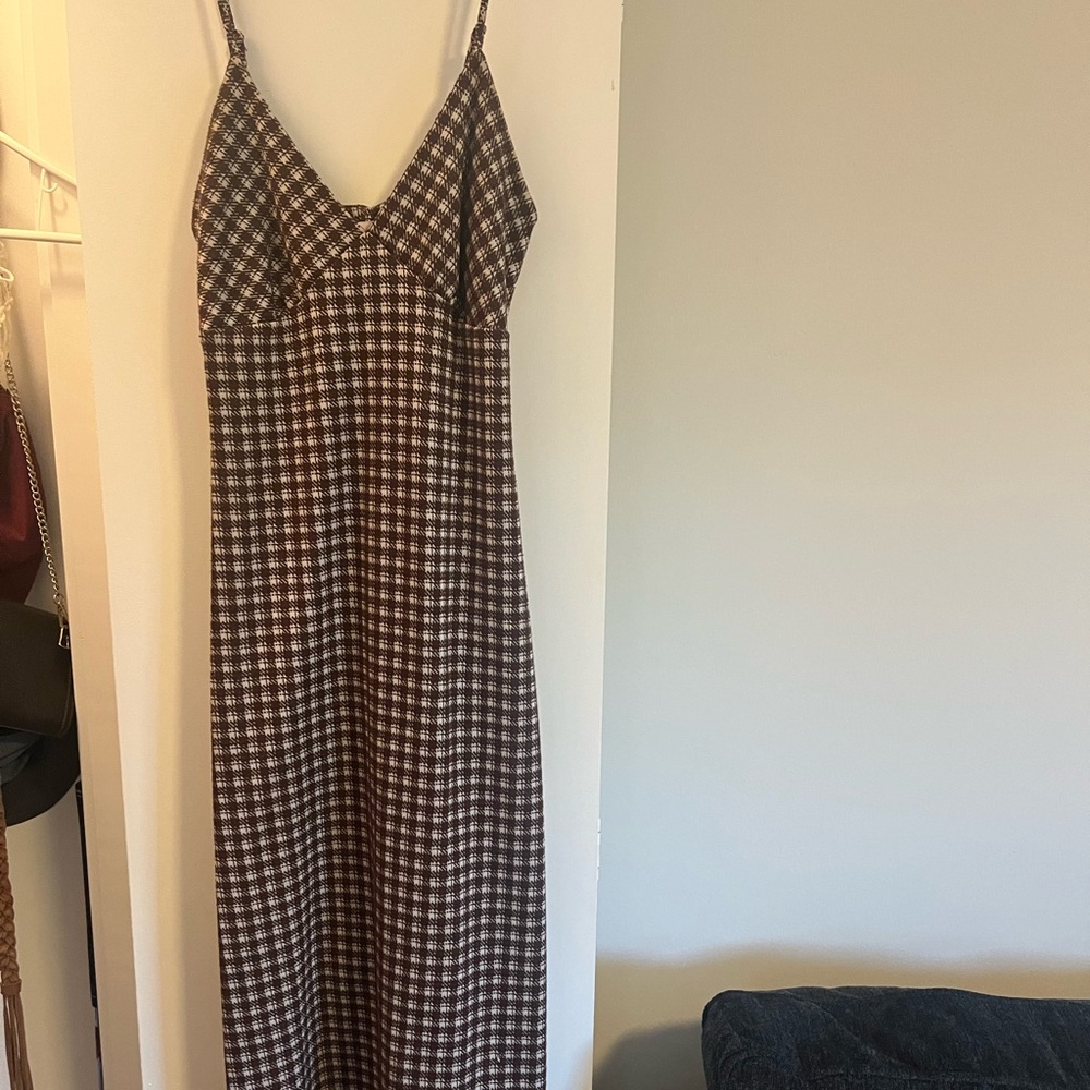 lisa says gah christy slip dress midi brown and white checkered